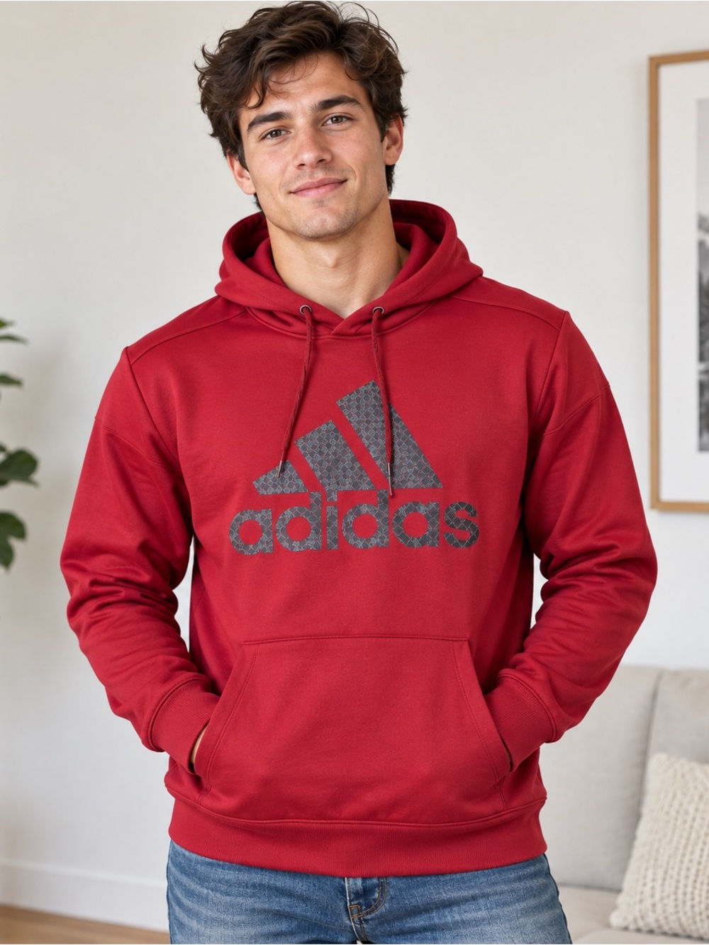 Adidas Climawarm Men’s Small Red Black Logo Pullover Performance Hoodie
